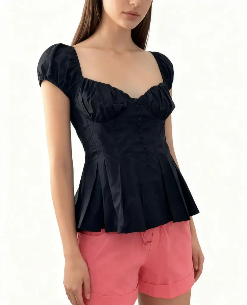[BLUSA EVENUEL TOP ET1273 S NEGRO] BLUSA CON FRUNCIDO EN EL PECHO Y MANGAS CORTAS ABULLONADAS (Negro, S)