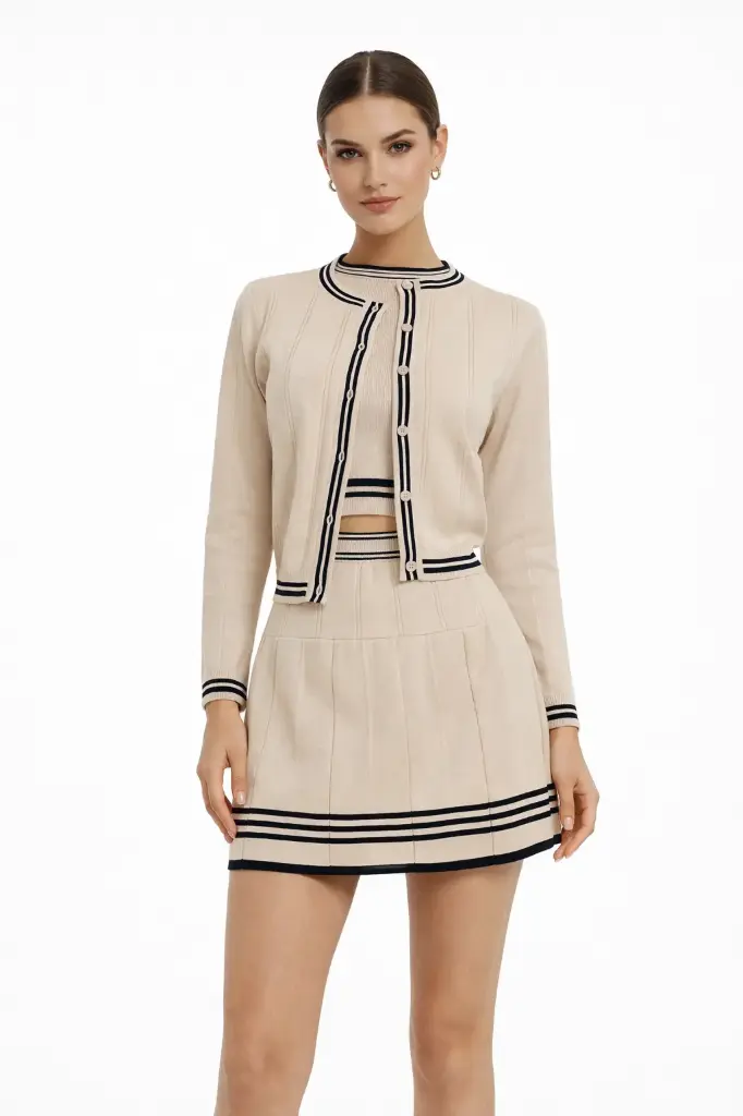 SET 3 PIEZAS DE PUNTO FALDA CORTA TOP CORTO Y CARDIGAN