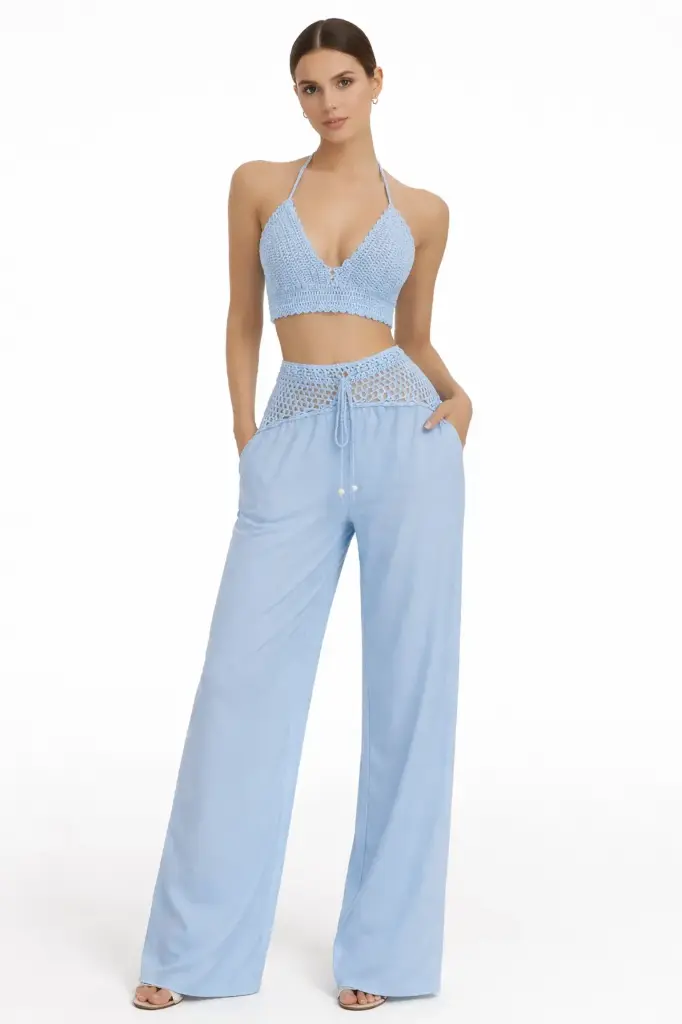 [SET BANJUL HCCTP72251 S BLANCO] SET DE TOP HALTER Y PANTALONES ANCHOS PARA PLAYA (Blanco, S)