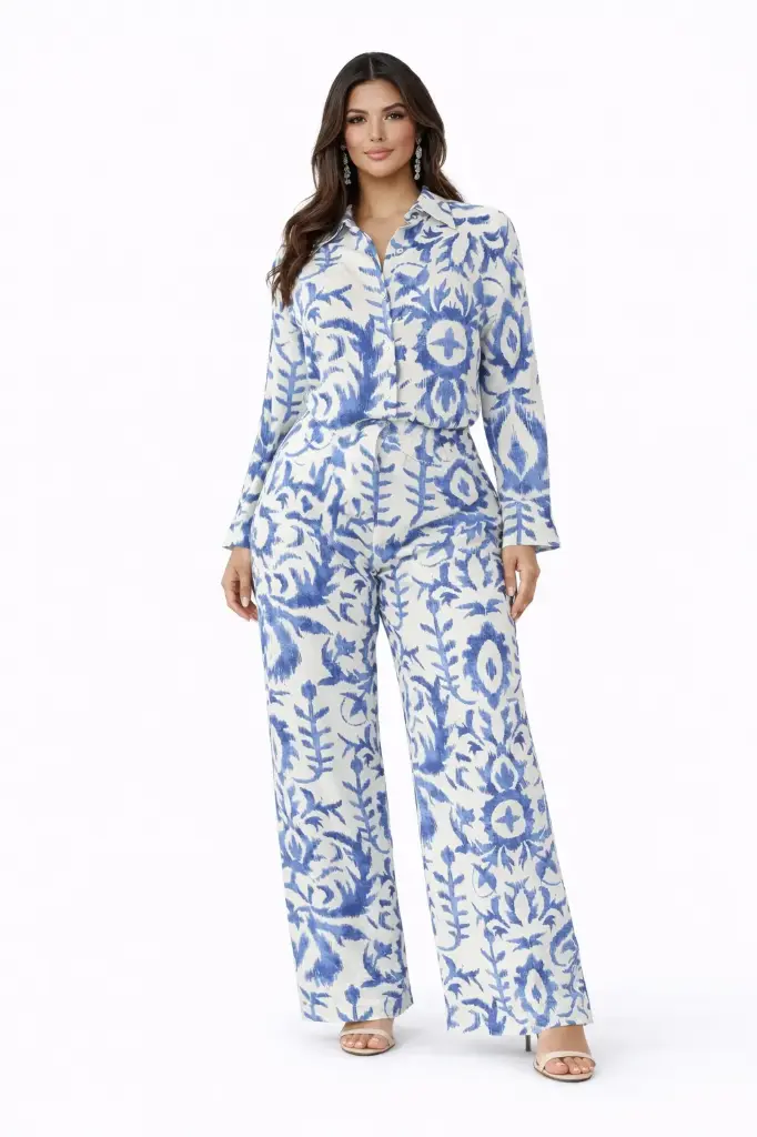 [SET LILI&PEONY 6134-07 S] SET DE BLUSA Y PANTALON ESTAMPADO FORAL AZUL Y BLANCO (S)