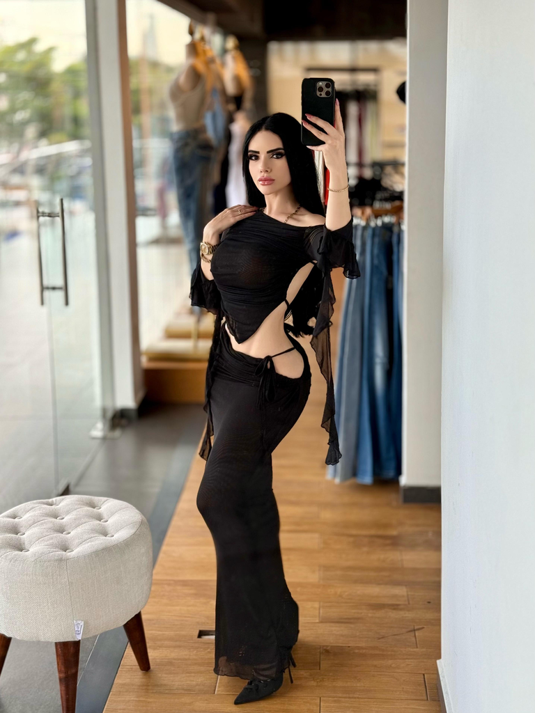 SET BLUSA Y FALDA MESH TRANSPARENTE