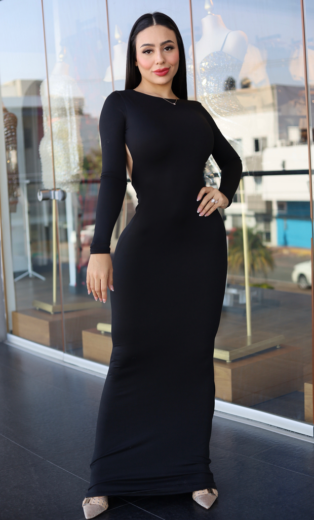 VESTIDO BASICO CON ESPALDA DESCUBIERTA MANGA LARGA Y PUSH 