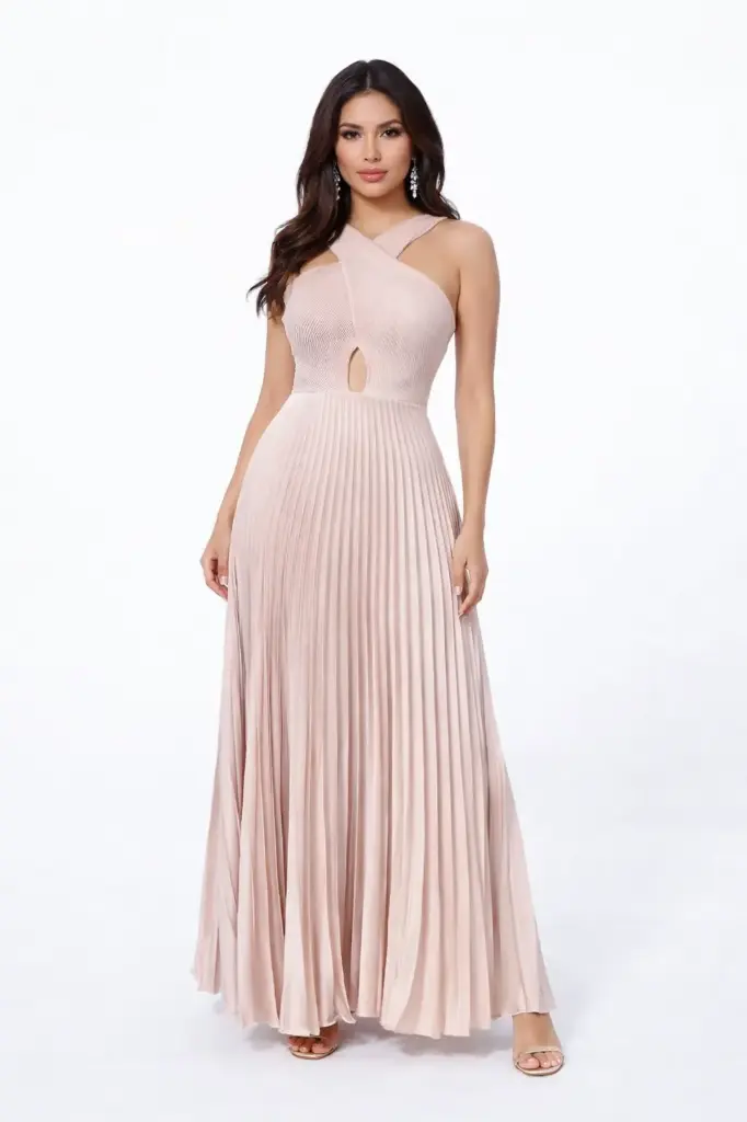 [VESTIDO LUXXEL LD10144 CHAMPAGNEM SALE S] VESTIDO CHAMPAGNE HALTER PLISADO (S)