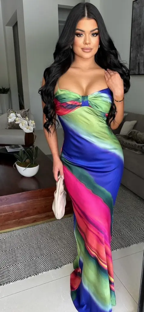 VESTIDO LARGO MULTICOLOR DE SATIN CON TIRANTES FINOS