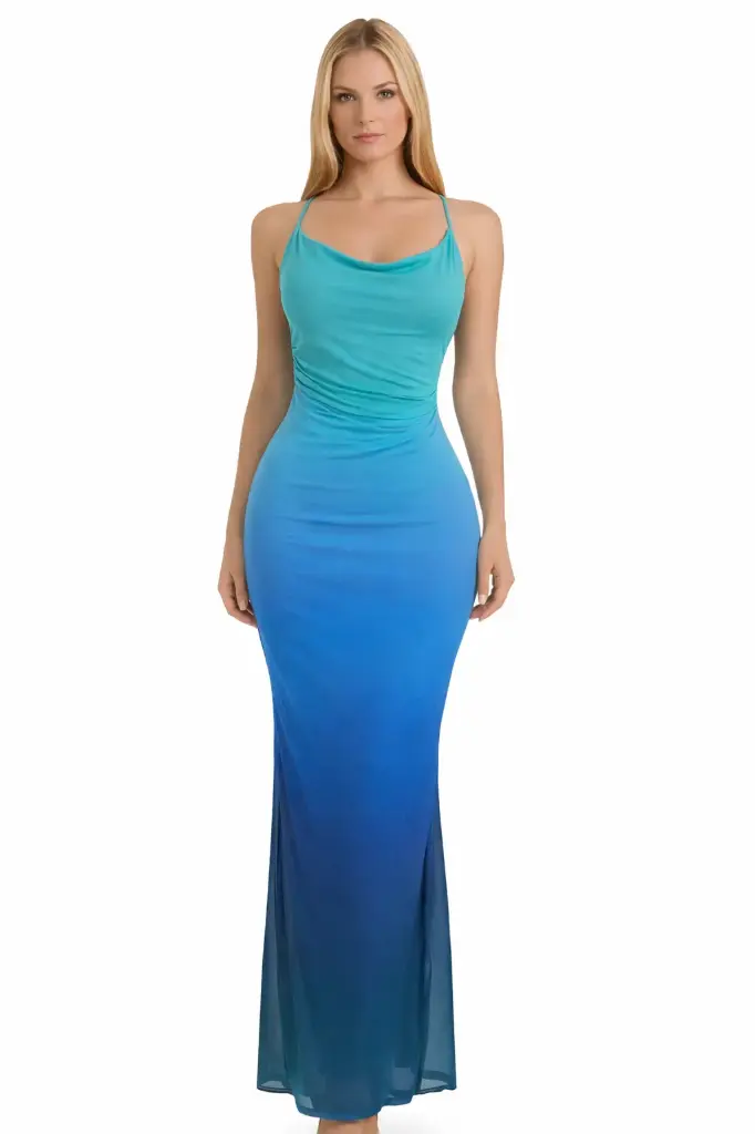 [VESTIDO LUXXEL LD11808 MULTI AZUL MESH S] VESTIDO MAXI MESH DEGRADADO CON TIRANTES DELGADOS (S)