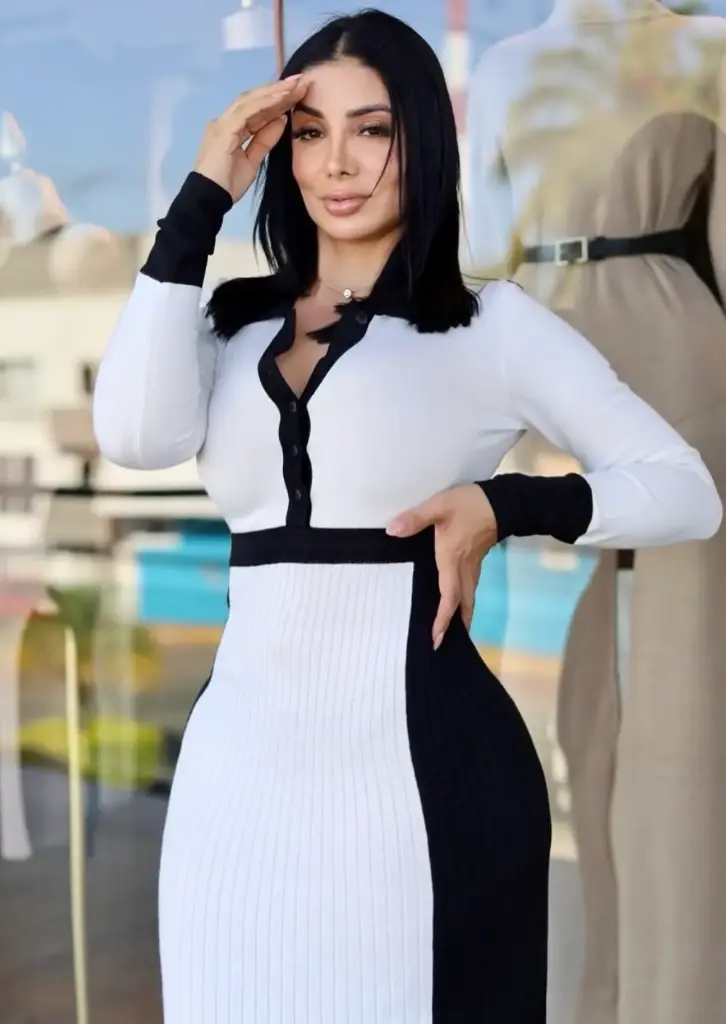 VESTIDO MIDI EN BLOQUES DE COLORES BLANCO Y NEGRO 