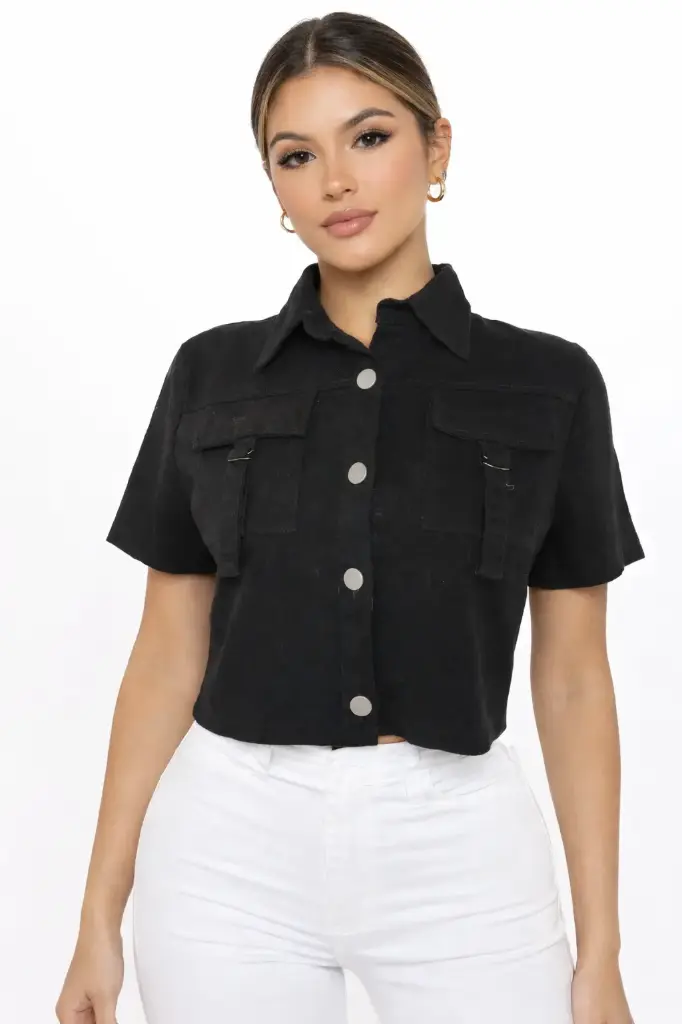 [CHAMARRA PINKBLACK T001 S] BLUSA MEZCLILLA MANGA CORTA CON CUELLO Y BOTONES (S)