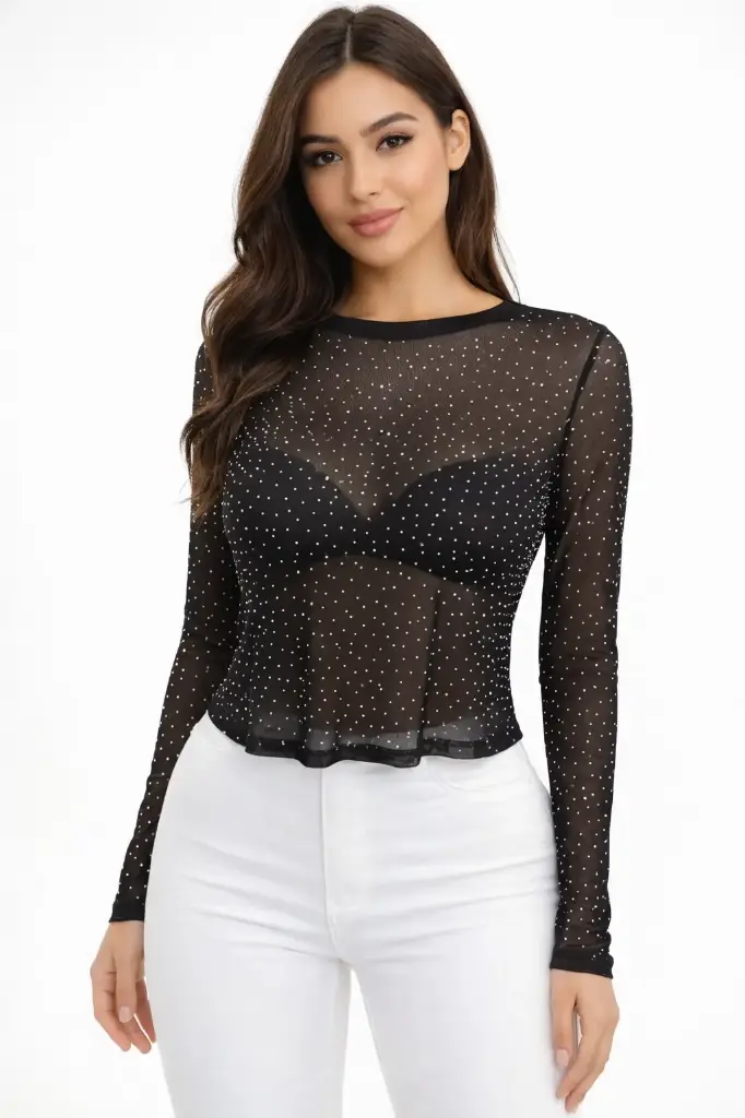 [BLUSA MESH BRILLOS TEENBELL NEGRO CMT51 S NEGRO] BLUSA MESH BRILLOS  (Negro, S)