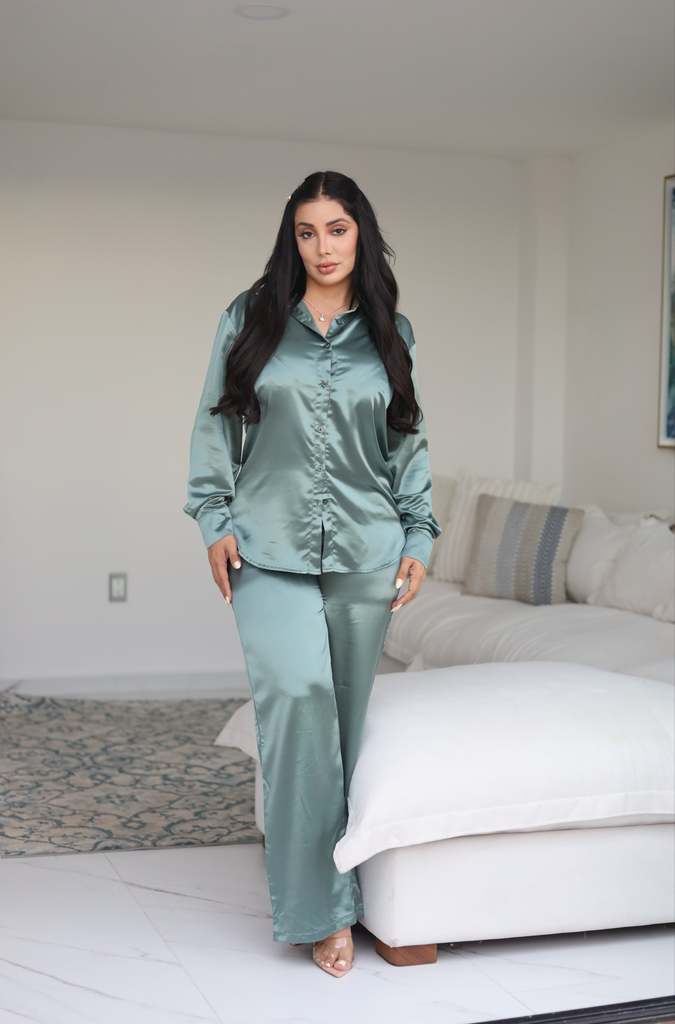 [SET RIVIR AM515S SET SATIN S MOCHA] SET SATIN PANTALON Y BLUSA LISO (Mocha , S)