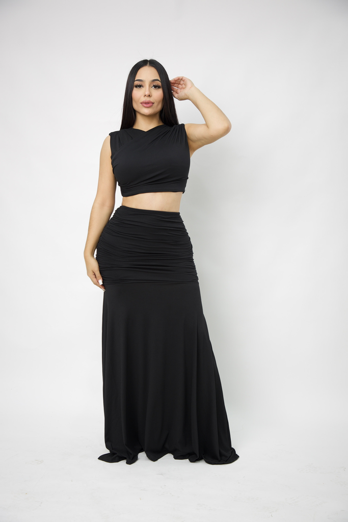 [SET BASICO BLUSA Y FALDA SILHOUETTE XD4081 S NEGRO] SET BASICO BLUSA Y FALDA DRAPEADA (Negro, S)