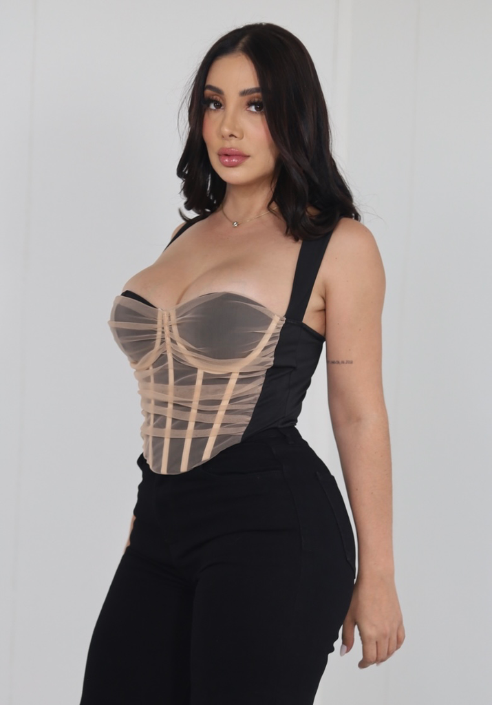 [BLUSA MANGO CT1260 CORSET SM NEGRO] CORSET MESH CON COSTURAS (Negro, S/M)