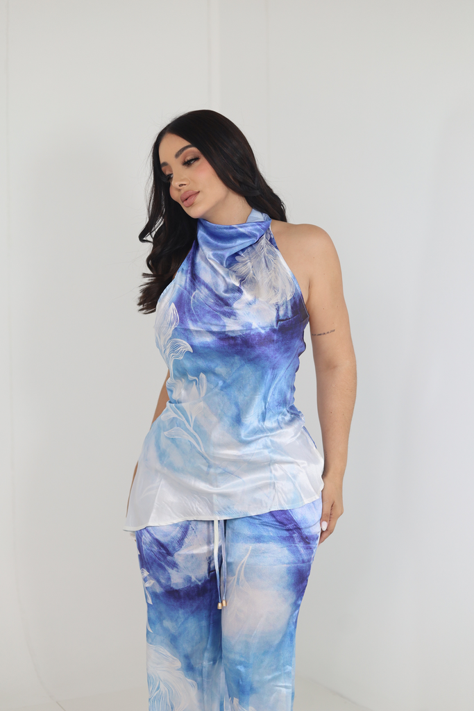 SET HALTER SATIN AZUL