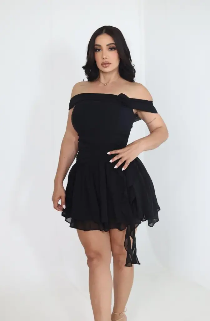 [VESTIDO PRIVY PD77753BST] VESTIDO CAMPESINO MINI GAZA (Negro, S)