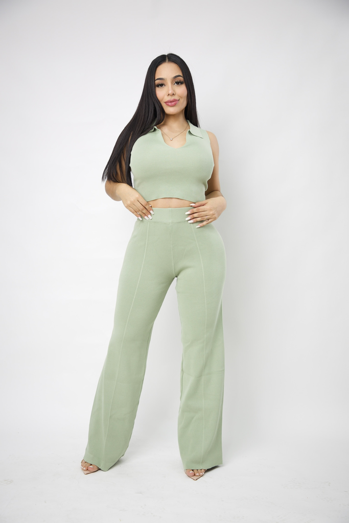 [SET RIVIR AM3665 DE PUNTO S BABY BLUE] SET DE PUNTO BLUSA CUELLO V Y PANTALON (Baby Blue, S)