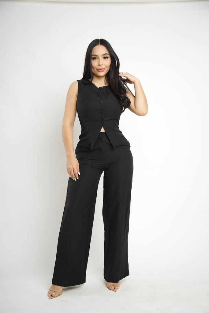 [SET LOVE POEM LAUREN-05 Y 06T S NEGRO] SET PANTALON Y CHALECO CUELLO REDONDO CON BOTONES (Negro, S)