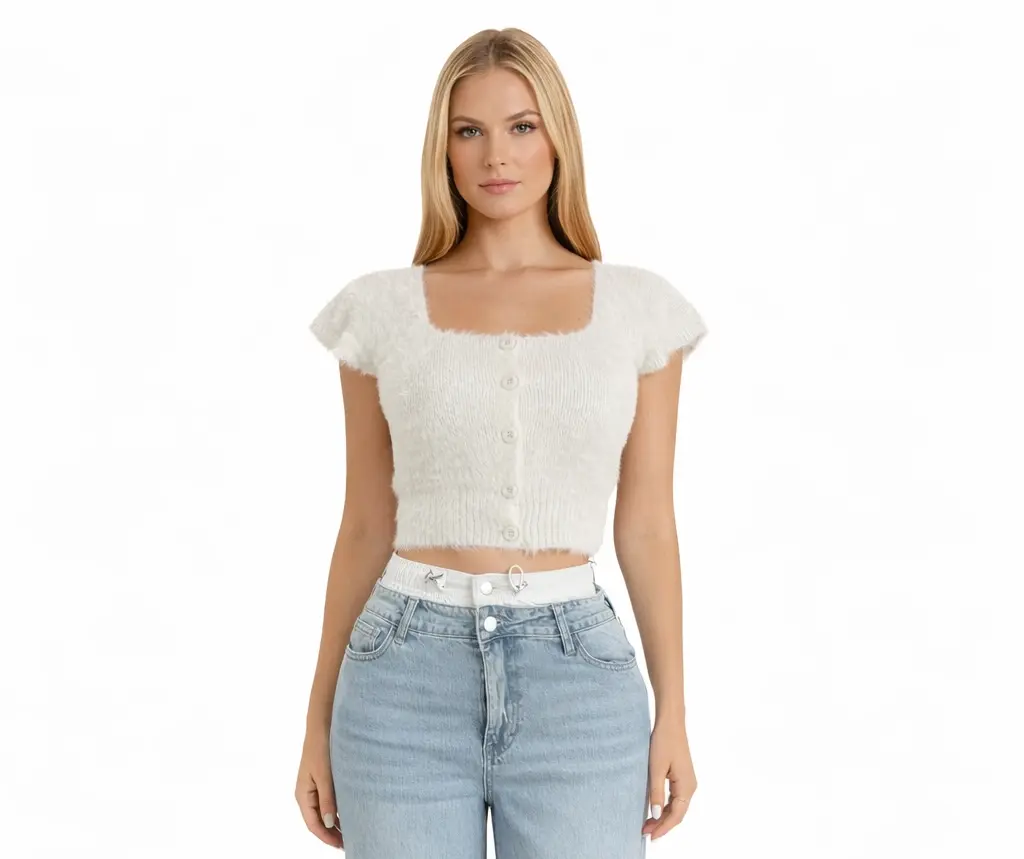 CROP TOP CON BOTONES FRONTALES Y CUELLO CUADRADO DE TEJIDO SUAVE PELUDO (Negro, S)