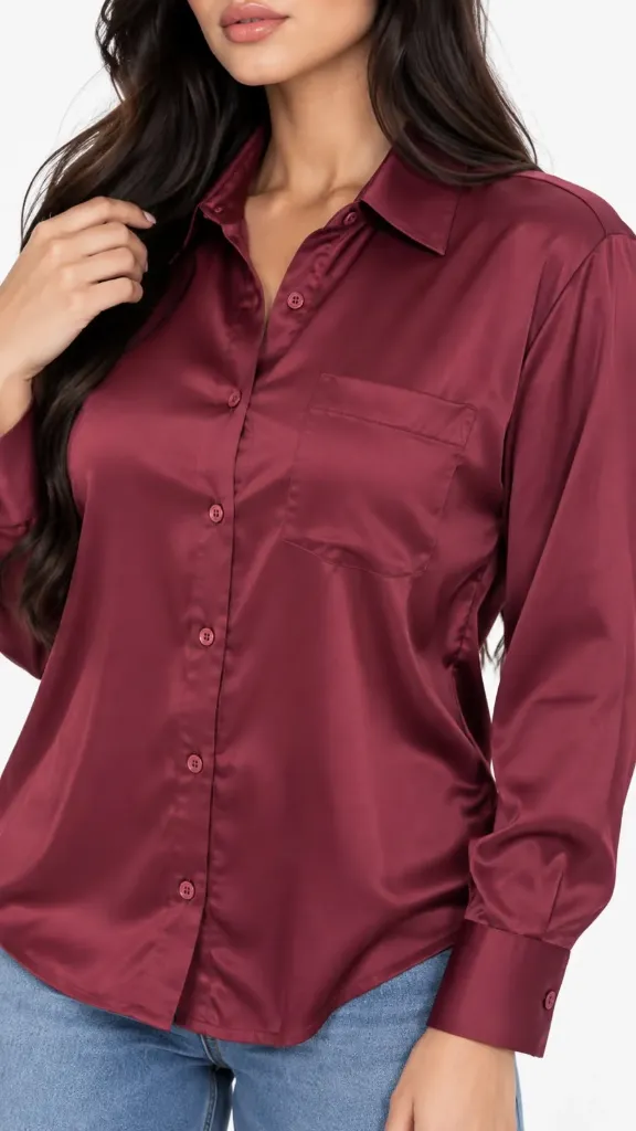 [BLUSA LOVE TREE 10514TL BURGUNDY S] CAMISA SATIN MANGA LARGA BOTONES (Burgundy , S)