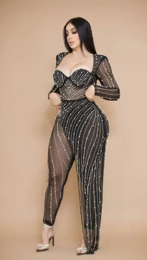 VESTIDO MONO DE MALLA TRANSPARENTE CON ADORNO DE CRISTALES Y MANGA LARGA