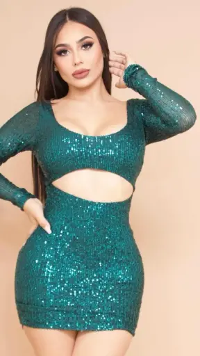 VESTIDO CORTO CON LENTEJUELA MANGA LARGA CON ABERTURA DEBAJO DEL BUSTO
