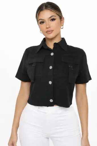 BLUSA MEZCLILLA MANGA CORTA CON CUELLO Y BOTONES